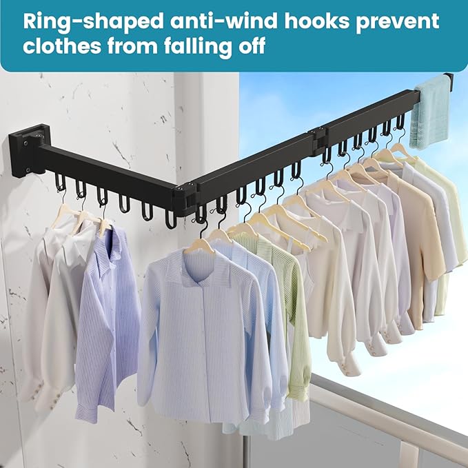 Abiglifty Clothes Drying Rack Wall Mounted, Laundry Drying Rack Collapsible, Foldable & Retractablewith 18 Hooks for Indoor/Outdoor Use inLaundry Room, Bathroom & Balcony (Black)