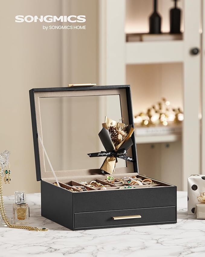 SONGMICS Jewelry Box Organizer with Glass Lid, 2-Layer Jewelry Storage, with 1 Drawer, Modern Style, 8 x 9.1 x 4.1 Inches, Graphite Black and Gold Color UJBC174B01