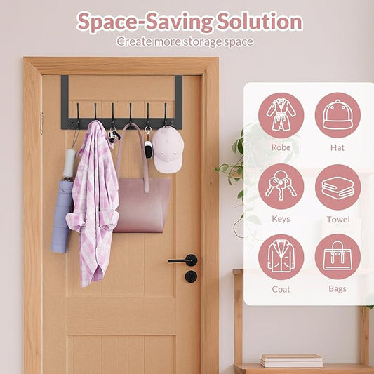 BAKON Over The Door Towel Rack with 6 Hooks, Heavy Duty Over Door Hooks for Hanging Clothes Coat Hat Jacket, Door Hanger Home Organizer for Bathroom Closet Bedroom Kitchen (1, Black)