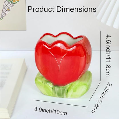 Pencil Holder for Desk Tulips Vase Decor Aesthetic Cute Toothbrush Holder Pen Holder for Office Makeup Brush Holder Red Kawaii Desk Accessories Home Decor Birthday Gifts for Women