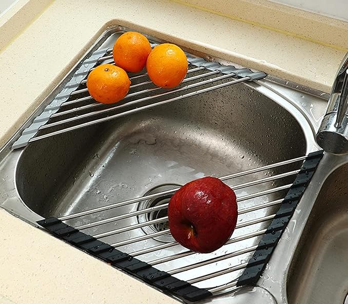 Roll Up Dish Drying Rack and Triangle Dish Drying Rack for Sink,over the Sink Dish Drying Rack , Kitchen Corner Dishes Drainer Mat, Foldable Stainless Steel Corner Sink Rack for Kitchen (Triangle)