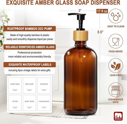 GMISUN Amber Glass Soap Dispenser, 2 Pack Bathroom Hand Soap Dispensers with Bamboo Pump, 17 Fl Oz Kitchen Hand and Dish Soap Dispenser Set, Modern Vintage Liquid Brown Soap Dispensers Bottle