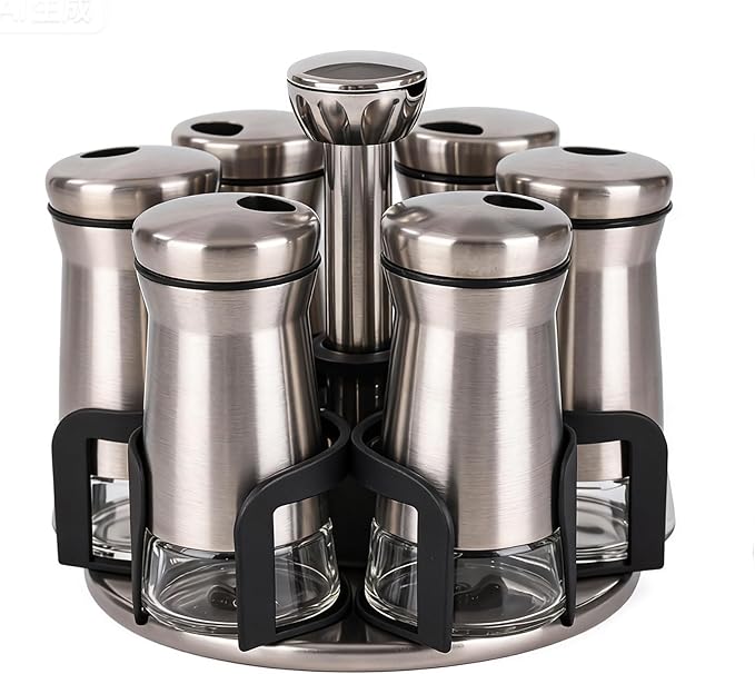 LCshuyao 360° Rotating Spice Rack，Spice Rack Organizer for Cabinet - Includes 6pcs Glass Spice Jars and Labels,Spice Storage, Cooking, Outdoor BBQ,(Spices Not Included) (Modern)