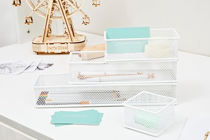 Annova Mesh Stackable Drawer Cabinet and Shelf Organizer Bins Storage Basket School Office Supply Holder Tray- Set of 2 (White, 6x15x2 Inch)