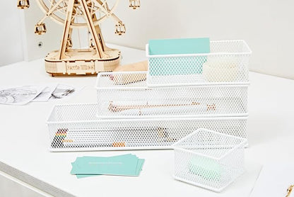 Annova Mesh Stackable Drawer Cabinet and Shelf Organizer Bins Storage Basket School Office Supply Holder Tray- Set of 2 (White, 3x6x2 Inch)