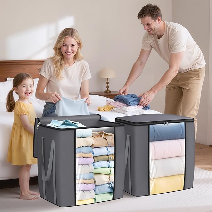 TasticTotes 120L Extra Large Clothes Storage Bags, Foldable Blanket Storage and Organization, Thick Fabric Containers with Reinforced Handles & Zippers for Clothing, Comforters, Bedding, Gray, 6 Pack