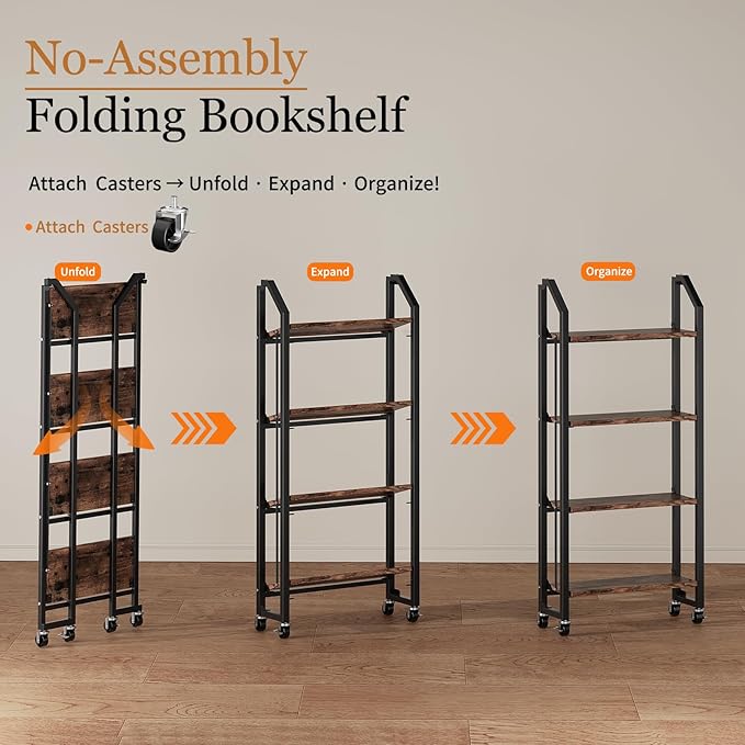 No Assembly Folding Bookshelf for Living Room, 4 Tier Collapsible Book Shelf for Home Office, Portable Bookcase Storage Organizer