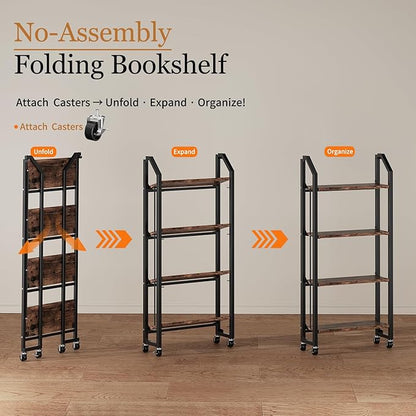 No Assembly Folding Bookshelf for Living Room, 4 Tier Collapsible Book Shelf for Home Office, Portable Bookcase Storage Organizer