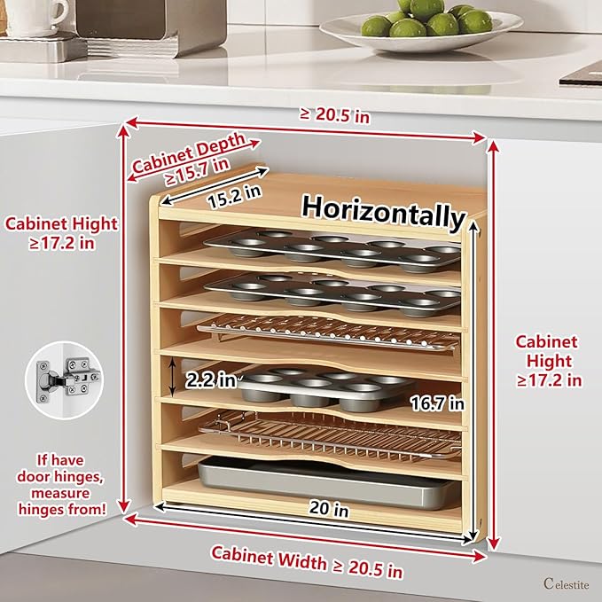 celestite Wooden Tray Dividers for Cabinets, Cookie Sheet Organizer for Cabinet, Baking Sheet Pan Organizer for Kitchen Organizers and Storage (7 Tier 20" Wx16.7 Hx15.2 D)