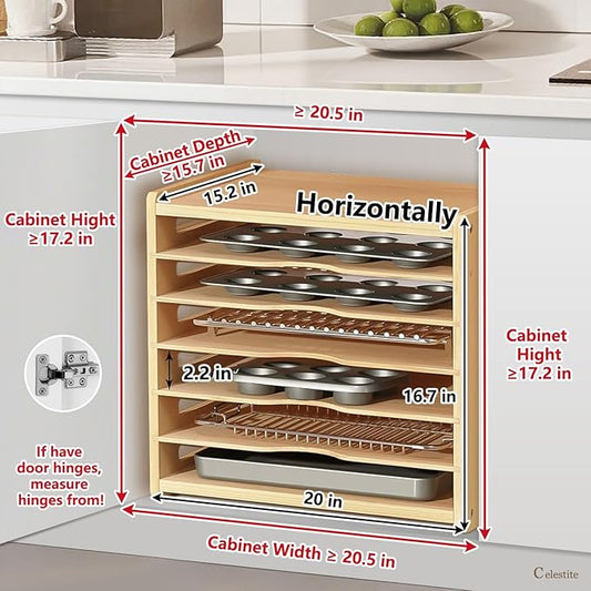 celestite Wooden Tray Dividers for Cabinets, Cookie Sheet Organizer for Cabinet, Baking Sheet Pan Organizer for Kitchen Organizers and Storage (7 Tier 20" Wx16.7 Hx15.2 D)