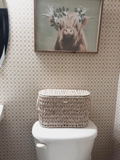 Toilet Paper Basket,Wicker Toilet Paper Storage with Lid,Decorative Boho Wicker Basket for Bathroom,Free Standing-Cream White