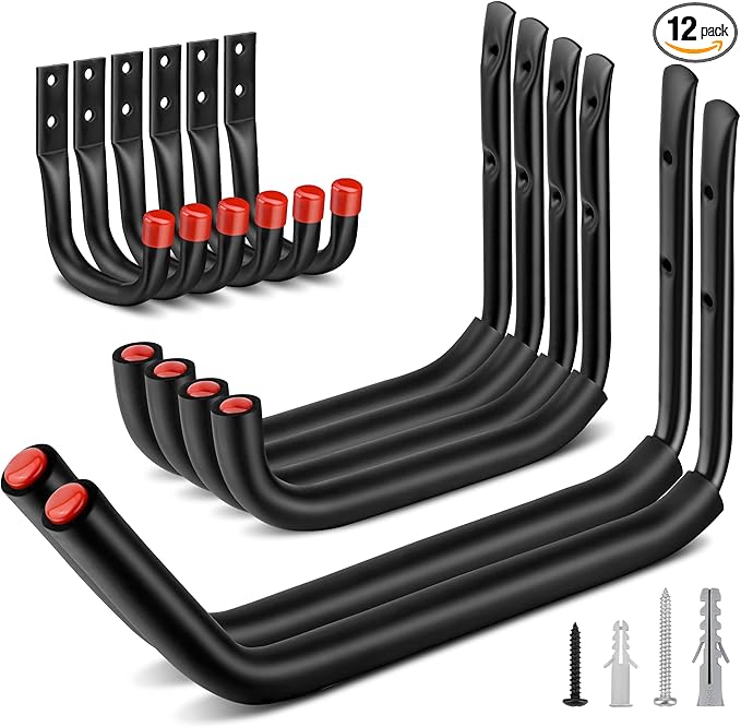 Nacial 12 Pack Garage Hooks Heavy Duty, 15" & 9.8" & 3.5" Kayak Storage Hook with EVA Pads, 100LBS Capacity Garage Hooks for Hanging Bikes, Kayak Folding Chairs and Hanging Ladders