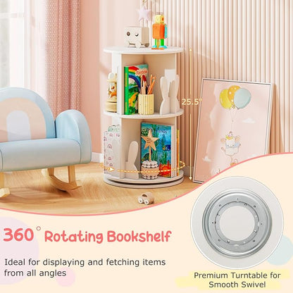 HONEY JOY Kids Rotating Bookshelf, Wooden Spinning Small Corner Organizer w/Baffles, 360°Display Standing Toddler Bookshelf, Narrow Storage Rack, Montessori Book Shelf for Nursery, Playroom (White)