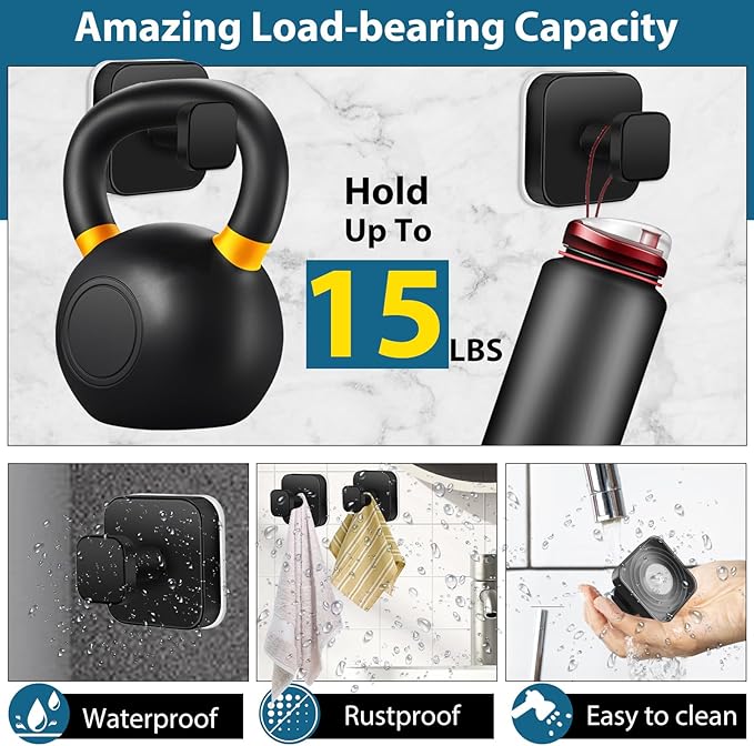 Suction Cup Hooks for Shower, 4 PCS No-Drill Towel Holder for Bathrooms Wall, Glass Door, Mirror, Tiles, Kitchen, Hold Robe & Wreath, Hanging up to 15 lbs – Waterproof & Rustproof, Matte-Black