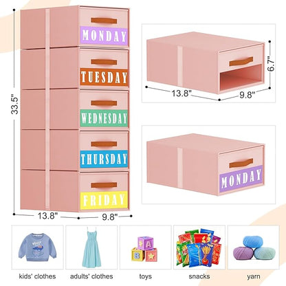 Stackable Storage Drawers - Pull Out Storage Bins with Drawers for Closet Clothes Organizers with Weekly Labels & Clear Window, Closet Shelf Storage for Bedroom, Living Room, 5 Pack, Pink