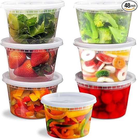 OCS Parts 48-Pack Round Plastic Deli Containers with Lids | Stackable, Microwavable, Freezer and Dishwasher Safe BPA Free Food Prep and Storage Containers (16 Ounce)