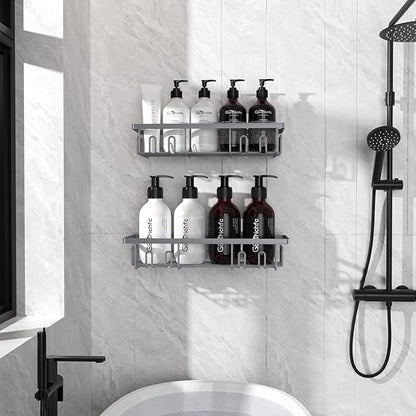 Getsrichfc 2025 New Adhesive Shower Caddy, Shower Shelves with 16 Hooks, Grey 2 Pack