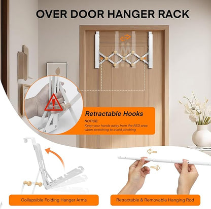 FYY Over The Door Drying Rack for Clothing - Collapsible Folding Over-Door Towel Hanger Multifunctional Expandable Clothes Drying Rod with 7 Hooks for Hanging Use in Bedroom Dorm Bathroom Laundry
