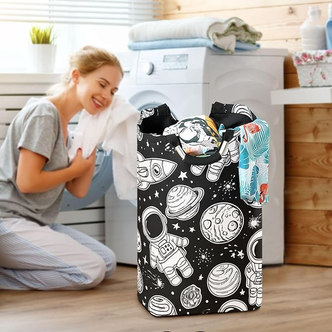 Laundry Hamper Basket Planet Astronaut Black Storage Basket Collapsible Laundry Bag with Handle Decorative Organizer Bins Basket for Laundry Room Bedroom Clothes College