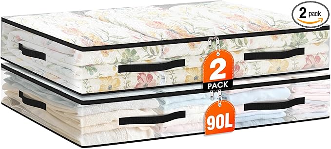 EdenDwell 2 Pack Under Bed Storage Bags, 90L Foldable Clear Storage Containers with Handles, Dual Zippers for Comforter, Clothes, Bedding, Linen Sheets, Sweaters, Blanket Storage