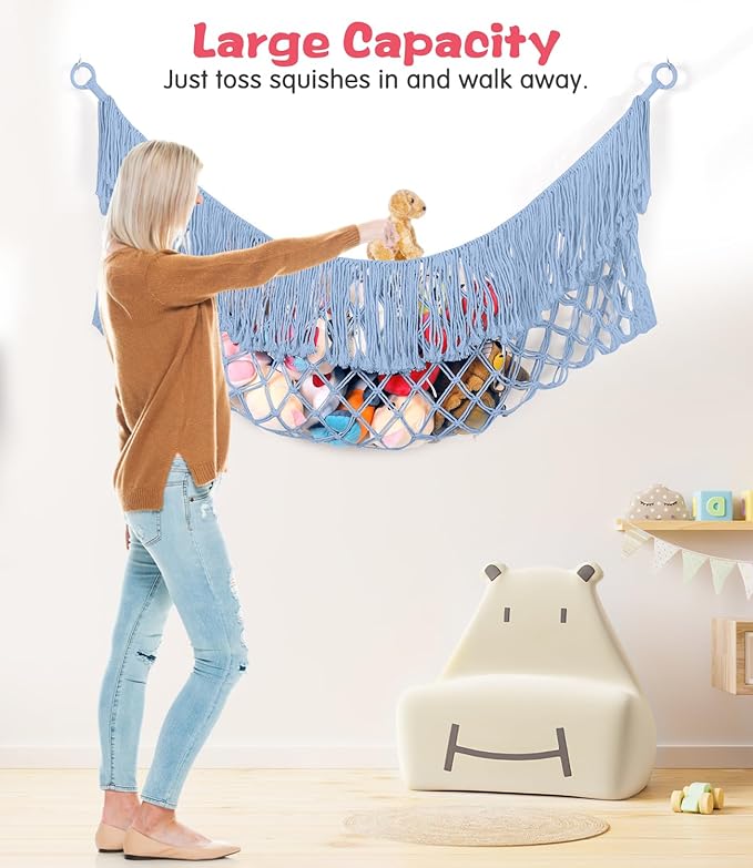 Stuffed Animal Hammock - Extra Large 56'' Long, Stuffed Animal Storage, stuffed animal Holder net, Hammock Large, Storage Hanging Organizer - Light blue