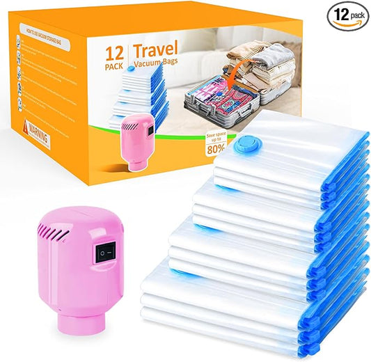 B365 Vacuum Storage Bags with Electric Pump, 12 Pack (3 Jumbo, 3 Large, 3 Medium, 3 Small) Vacuum Seal Bags for Clothes, Bedding, Mattress, Blankets, Travel