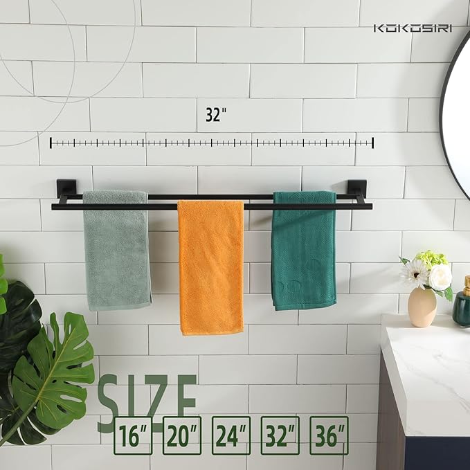 KOKOSIRI 32'' Towel Rails Bathroom Double Towel Bars Matte Black 32 Inch Bath Towel Holder for Washroom Wall Stainless Steel B5005BK-L32