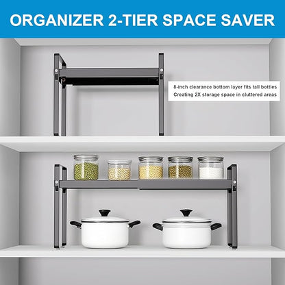 Expandable Cabinet Shelf Organizer 14-25 Inch Adjustable Length, 9" Wide 2-Tier (8" Bottom Layer) Metal Storage Rack for Kitchen Pantry, Under Sink Countertop - Heavy Duty Black(1 Pack)