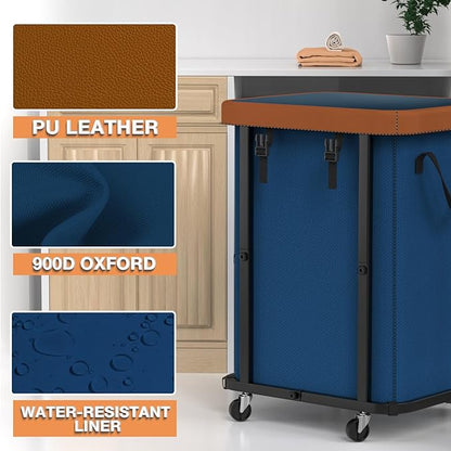 150L (40 Gal) Large Fashion Laundry Basket with Wheels, Leather Patchwork Rolling Hamper Carts, Sturdy Metal Frame, Removable Washable Bag, Tall Clothes Sorter for Bedroom, Laundry Room - Navy Blue