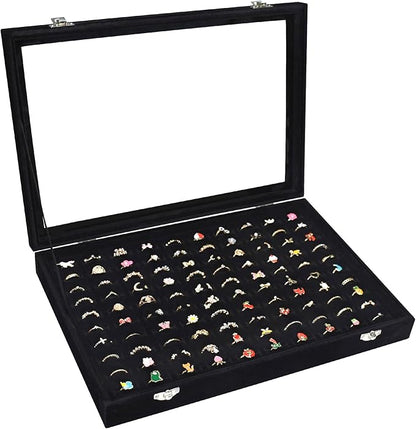 Rings Organizer Tray 100 Slot Velvet Ring Earring Storage Box TranSparent Cover Jewelry Store Ring Display Box Jewelry Display Cabinet for Girl Wife Mother