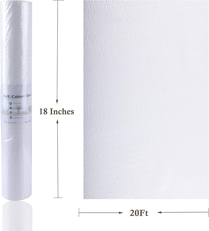 Cabinet Shelf Liner 18 Inch Wide X 20 Ft Non-Adhesive Non-Slip Drawer Liner for Kitchen Cabinet Easy to Install & Cut Shelf Paper for Shelves Waterproof Oil-Proof Strong Grip Refrigerator Liner