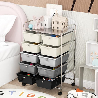 GOFLAME 10-Drawer Rolling Storage Cart, Art Craft Storage Organizer on Wheels, Multipurpose Movable Utility Cart for School, Office and Home, Grey Gradient