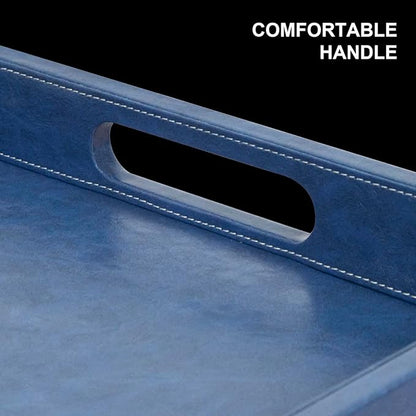 20 * 14 inches Leather Rectangle Serving Tray with Hole Handles,High-End Light Large Service Tray for Ottoman Tray, Tea, Food, Butler - Countertop, Kitchen,Family Dinner, Picnic (Blue)