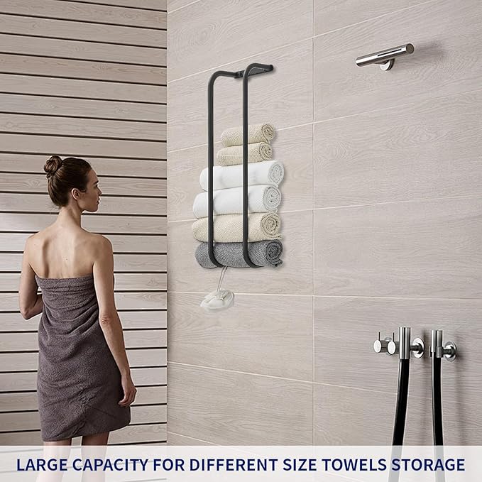 BWE Black Towel Racks for Bathroom, Stainless Steel Towel Holder for Rolled Towels, Wall Mounted Bathroom Towel Storage Holds Up 6 Large Bath Sheets, with 2 Hooks