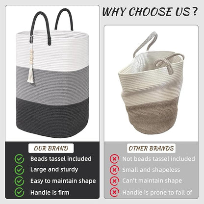 Woven Laundry Basket for Clothes,100 L Large Rectangle Laundry Hampers with Beads Tassel, Nursery Storage Basket for Toys, Tall Dirty Clothes Hamper for Bedroom Aesthetic, Laundry Room Organization
