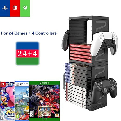 ASFSKY Video Game Storage Tower - 24 Games Video Game Organizer & Holder with 4 Controller Hooks, Universal Video Game Storage Compatible with PS5/PS4/Xbox/Switch - Gamer Gifts