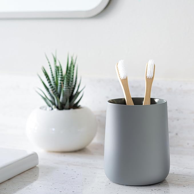 Yew Design Matte Gray Toothbrush and Toothpaste Holder and Cup for Bathroom Vanity and Countertop, Round Organizer for Electric Toothbrushes, Floss, Razors, Cotton, and Mouthwash