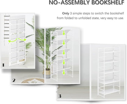 4NM No Assembly 5 Tiers Collapsible Book Shelves, 51.2" H Folding Bookshelf Bookcase Open Industrial Foldable Shelves for Bedroom, Living Room, Home Office - All White