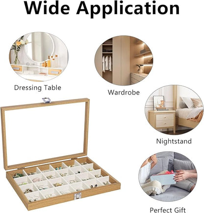 Stratalife Jewelry Organizer Wooden Jewelry Box Jewelry Display Case Jewelry Tray with Glass Lid Earring Holder Organizer Bracelet Ring Organizer 24 Grid Jewelry Tray Vintage Gift for Women
