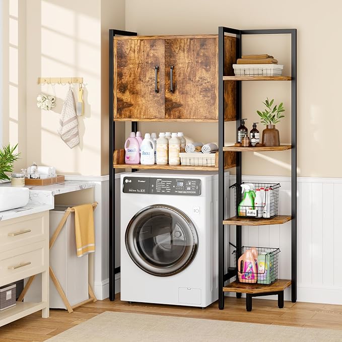 Roxibelt K2 Heavy Duty 7-Tier Over The Toilet Storage Cabinet（With Magnetic Doors & Adjustable Feet）Freestanding Above Toilet Shelf，Space Saver Bathroom Organizer 9.3"D x 31.5"W x 67.2"H，Rustic Brown