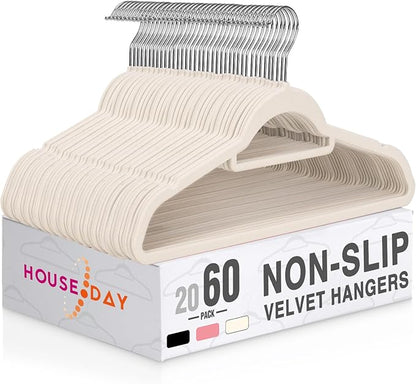 HOUSE DAY Velvet Hangers with Tie Bar 60 Pack Ivory, Clothes Hanger Non-Slip, Space Saving Felt Hangers for Pants, Coat, Suits, Shirt, Scarf, No Hanger Marks