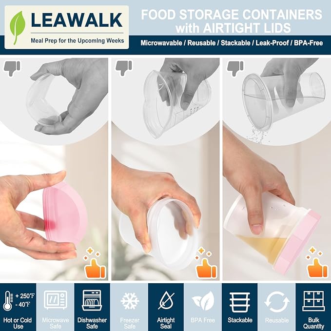 LEAWALK Twist Top Deli Containers, Plastic Soup Container With Lids,Freezer Food Storage BPA Free, Leak Proof, Stackable, Microwave Dishwasher Safe (Pink 16OZ-6Pack)