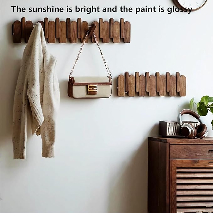 Wall Mounted Coat RackHooks Piano Key Hangers Natural Solid Wood Hanger Non-Woven Fabric Clothes Hangers for Closet, Kitchen, Bedroom, Bathroom, Entryway (Moon Walnut-Beech, 4 Hooks)