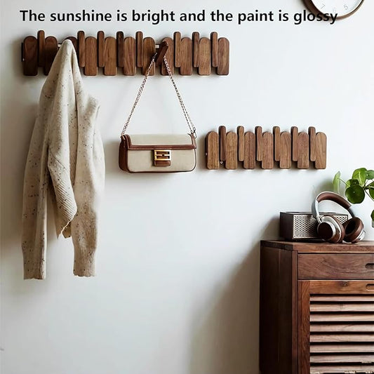 Wall Mounted Coat RackHooks Piano Key Hangers Natural Solid Wood Hanger Non-Woven Fabric Clothes Hangers for Closet, Kitchen, Bedroom, Bathroom, Entryway (Moon Walnut-Beech, 8 Hooks)