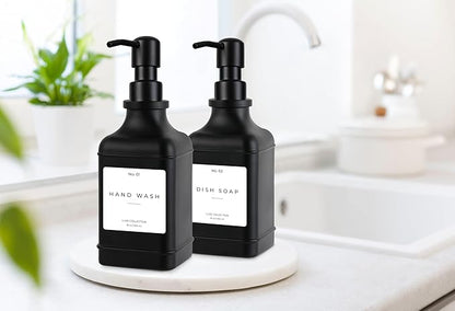 Emerson Essentials Soap Dispenser, Dish Soap Dispenser, Soap Dispenser Bathroom Set, Hand Soap Dispenser, Kitchen Soap Dispenser Set, Glass Soap Dispenser with Pump and Labels | 16 Oz, 2-Pack