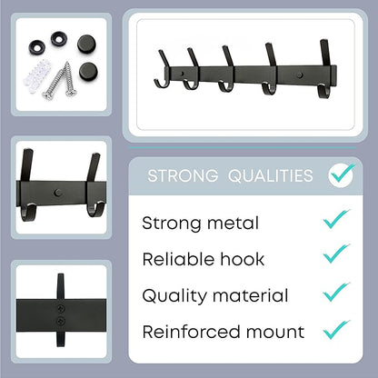 Matte Black Coat Rack Wall Mount – 15 Inch Stainless Steel Hook Rail with 5 Double Coat Hooks – Wall Mounted Entryway Organizer for Coats, Hats, Bags, Towels, Robes, Closet or Bathroom