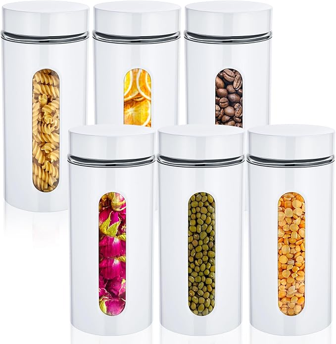 Mimorou 6 Pack Kitchen Canisters Set Airtight Coffee Sugar Tea Storage Jars with Window Glass Stainless Steel Containers with Lids for Flour Cookies Spices Grains Kitchen Decorations(White,44 oz)