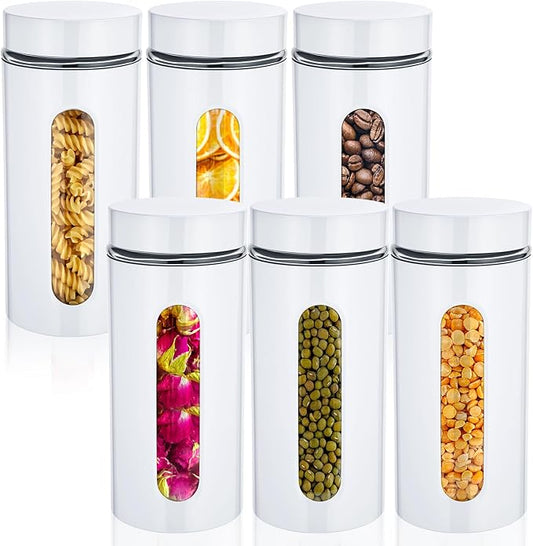 Mimorou 6 Pack Kitchen Canisters Set Airtight Coffee Sugar Tea Storage Jars with Window Glass Stainless Steel Containers with Lids for Flour Cookies Spices Grains Kitchen Decorations(White,44 oz)