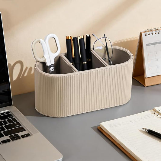 Aesthetic Remote Control Holder, PU Leather Pen Holder for Desk with 3 Compartments for Home Office Supplies and Accessories, Stylish Bedside Remote Holder Nightstand Desktop Organizer (Beige)