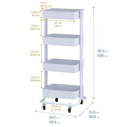 ECR4Kids 4-Tier Metal Rolling Utility Cart, Multipurpose Storage, White